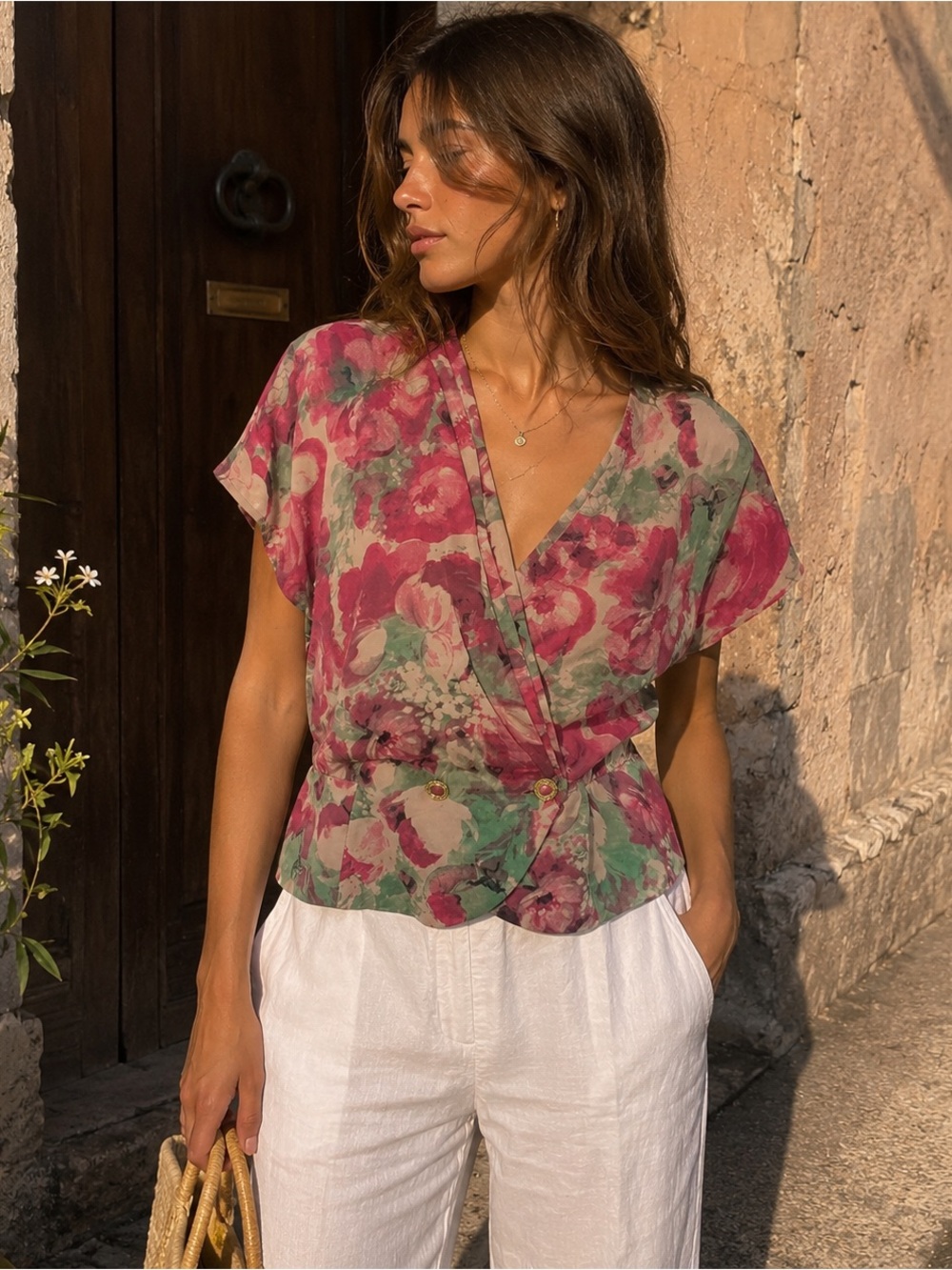 Vintage Floral Wrap Blouse Pink Green Watercolor Top Retro Cottagecore Medium